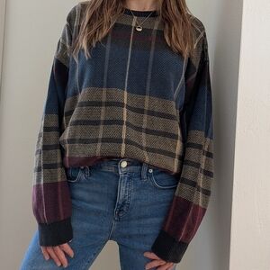 Vintage Striped Abstract Patterned Crewneck Sweater In Charcoal Gray/Blue